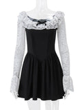 Black Lace Flare Long Sleeve Mini Dress-Outfit