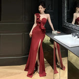 Elegant Dresses Women Sexy Diagonal Collar Irregular Off Shoulder Ruffles Backless Slim Split Mermaid Dress Party Ladies-Outfit