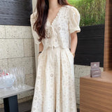 Toloer Chic Niche Temperament V Neck Hollow Lace Embroidered Jacket Women High Waist Pressure Pleated Skirt Two Sets Of Women-Outfit