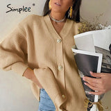 Simplee Casual v-neck knitted cardigan women Autumn winter lantern sleeve button female cardigan Fashion ladies oversize