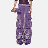 Toloer 2024 New Fashion Design Sense Splicing Pocket Decorative Design Sense High Waist Velvet Pants Straight Tube Cargo Pants-Outfit
