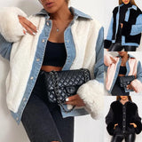 Women Streetwear Plush Denim Jacket Coat Autumn Winter Casual Adults Long Sleeve Lapel Neck Plush Patchwork Jacket Outerwear