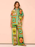 Women's Clothing 2026 New Fashion Print Tight Waist Pocket Wide Leg Pants Casual Suit Women's
