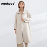 Aachoae Winter Casual Single Breasted 100% Wool Coat Women Solid Color Turn Down Collar Long Jacket Outerwear Ladies