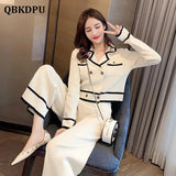Fashion Knitted 2 Piece Set Women Elegant Notched Collar Long Sleeve Cropped Cardigan + Ankle Length Wide Leg Pant