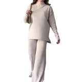 2025 New Fashion Pure Color Round-Neck Casual Knitted Wide Leg Trousers Two