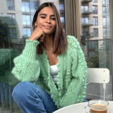 Ardm Fashion Women Sweaters Elegant Fur Pompon Gem Button Knitted Cardigan Sweater Vintage Winter Female Outerwear Chic