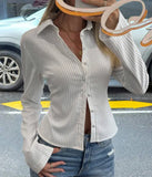 Striped Casual Open-Shirt Button Long-Sleeved