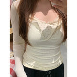 Lace Trim Coquette Long Sleeve Patchwork Tee-Outfit