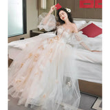 Three-Dimensional Flowers Shoulder Small Tail Dress Bridal Toast Banquet Fairy Fluffy Skirt Evening Dress