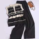 Suit Women's Korean Version Of Sleeveless Collars With Striped Knitted Shirt Tops Two Sets Of Leisure High-Rise Broad