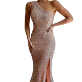 Women's Winter 2025 Pink Open Fork Dress Single Shoulder Squined