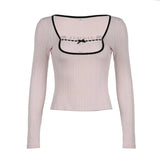 Toloer Sweet Girl Style Splice Color Long-Sleeved T-Shirt Square Collar Pleated Chest Bow Slim Slim Top-Outfit