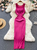 Knit Sexy Strap Dress Women Tank Elatic Waist Bodycon Sundress Female Beach Split Backless Long