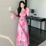 Elegant Dresses Women Butterfly Printed Mesh Patchwork French Style Slim Sexy Dress Flare Long Sleeve Vintage Ladies-Outfit