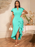 V-Neck Loaf-Side Dress High-Waisted Open-Fork Irregular Hem Dinner Dress Dress