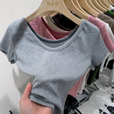 V-Neck Shoulder T-Shirt Women's Short-Sleeved Summer New Slim And Skinny Short-Bottomed Blouse-Outfit