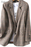 Vintage Single Breasted Office Ladies Plaid Blazer Long Sleeve Loose Plaid Coat Jacket Women Blazers Female