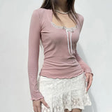 Toloer Girl Wind Lace Stitching Bow Long Sleeve T Shirt Square Collar Pit Strip Slim Solid Color Bottom Top-Outfit
