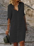 Ms.'S New Solid-Color Casual Casual Collar Single-D Row Buckle Sleeve Cotton Shirt Mid-Long Dress
