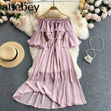 Women Off Shoulder Solid Dress Sexy Slash Neck Short Sleeve A-line Ruched Dresses Summer Bohemian Beach