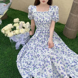 New Robe Women Fashion Loose Slash Neck Bubble Sleeve Elastic Waist Fragmented Flower Slim Breathable Long Dresses-Outfit