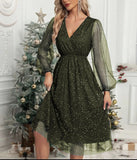 Toloer New V-Collar Elegant Slim Solid Color Stitching Mesh Perspective Sprinkling Powder Dress Female-Outfit