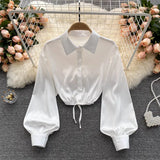 Women Korean Satin Blouse Turndown-Collar Puff Sleeve Single Breasted Slim Top Autumn Fashion Streetwear Short