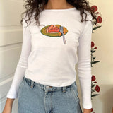 Women's Y2K Vintage Retro Long Sleeve Cherry/Cake Print Crew Neck Spring Fall Slim Fit Tops Aesthetic Grunge T-Shirts-Outfit