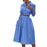 Toloer Spot 2023 Autumn And Winter New Fashion Temperament Long Sleeve Striped Shirt Suit Skirt Two Sets-Outfit