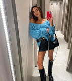 Blue Rhombus Sweater Fashion Deep V Neck Loose Sexy Sweater Women Vintage Autumn Winter Pullover Femme Pull Jumper
