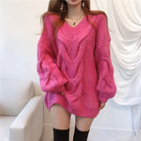 Women Sweater Pullover 2022 Female Knitting Overszie Long Loose Elegant Knitted Thick Outerwear Woman Winter Sweaters Pink
