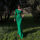 Toloer Women's New Fashion Sexy Inclined Shoulder Single Sleeve Fold Open Waist Slit In The Long Women's Dress-Outfit