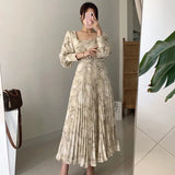 Chic Autumn Style Style Thin Square Collar Ink Print Waist Long Pleated Dress With Belt Woman-Outfit