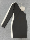 Black Sexy Cut Out Dress For Women V Neck Long Sleeve Patchwork Diamonds Asymmetrical Sheath Mini Dresses