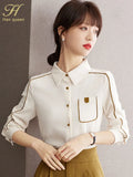 Han Queen 2023 New Arrival Shirt Women's Blouse Vintage Work Casual Tops Chiffon Blouse Elegant Loose Pocket Business Shirts-Outfit