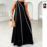 Women's Fashion Pure Color Splicing Stripe Simple Sleeveless Loose Dress