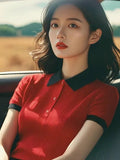 Toloer Splicing Bump Color Collar Knitting Shoulder Short-Sleeved T-Shirt Vertical Texture Thin Summer Women's Korean