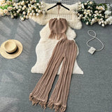 Toloer Seaside Vacation Set Women's Summer Knit Tassel Hanging Neck Top High-Waisted Hollowed-Out Trousers Two-Piece