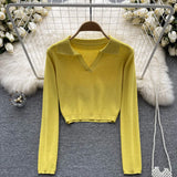 Autumn Knitted Women Short T Shirt Lapel V Neck Slim Long Sleeve Sweater Top Fashion Streerwear Short Solid