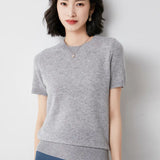 Toloer Female Round Collar Loose T-Shirt Inside Build Sweater Spring Autumn Base Outside Wear Short Sleeve Hair-Outfit