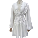 Cross Bandage Sexy Party Dress For Women V Neck Lantern Sleeve High Waist Slim Mini Dresses Female Fashion
