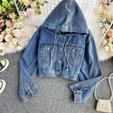 Toloer Celebrity Autumn New High Waist Short Hooded Denim Jacket Female Loose Show Thin Versatile Jacket Long Sleeve Jacket-Outfit