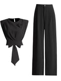 Toloer Commuter Style Formal Sense Suit 2024 Autumn New Round Collar Bow Splicing Jacket Waist Trousers Women-Outfit