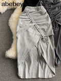 Women Knit Skirt Sexy Drawstring Ruched Irregular Midi Skirt Fashion Streetwear Solid High Elastic Waist Party Club