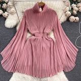 Toloer Of Pleated Horn Sleeve High Collar Dress Female Spring And Summer French Light Luxury Minority Design Sense Of Waist Chiffon