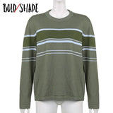 Bold Shade Grunge 90s Tricot Sweater Striped O-neck Indie Aesthetic Women Pullover Sweaters Oversized Vintage Green Top