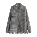 PUWD Casual Woman Loose Houndstooth Tassel Shirt Coat 2021 Chic Fashion Ladies Oversized Plaid Jacket Female Streetwear