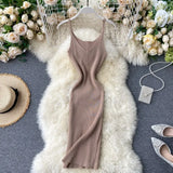 Summer Knitting Dress Women Solid Color Casual Body-con Dress Pullovers Simple Step