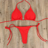 Hanging Neck Solid Three-Point Bikini Sexy Swimsuit Lady Split Strap Adjustable Multi-Color